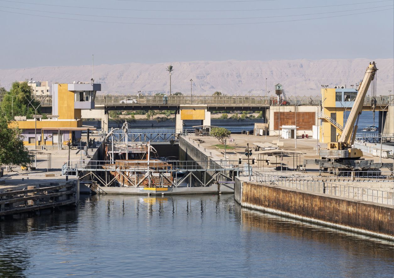Boats waiting to pass through the century-old Esna lock